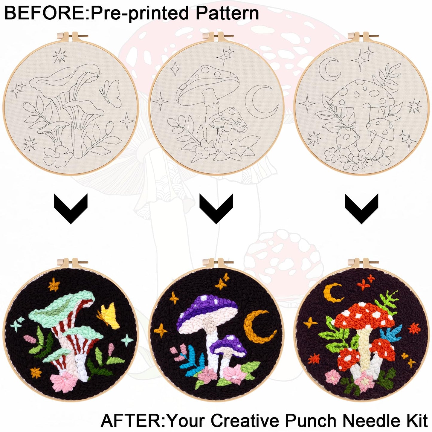 Nuberlic 3 Pack Punch Needle Kits for Beginners Mushroom Embroidery Pattern with Hoop Embroidery Punch Needle Starter Craft Set, Perfect Handmade Gift for Adults & Teens (Beginner-Friendly Crafts)