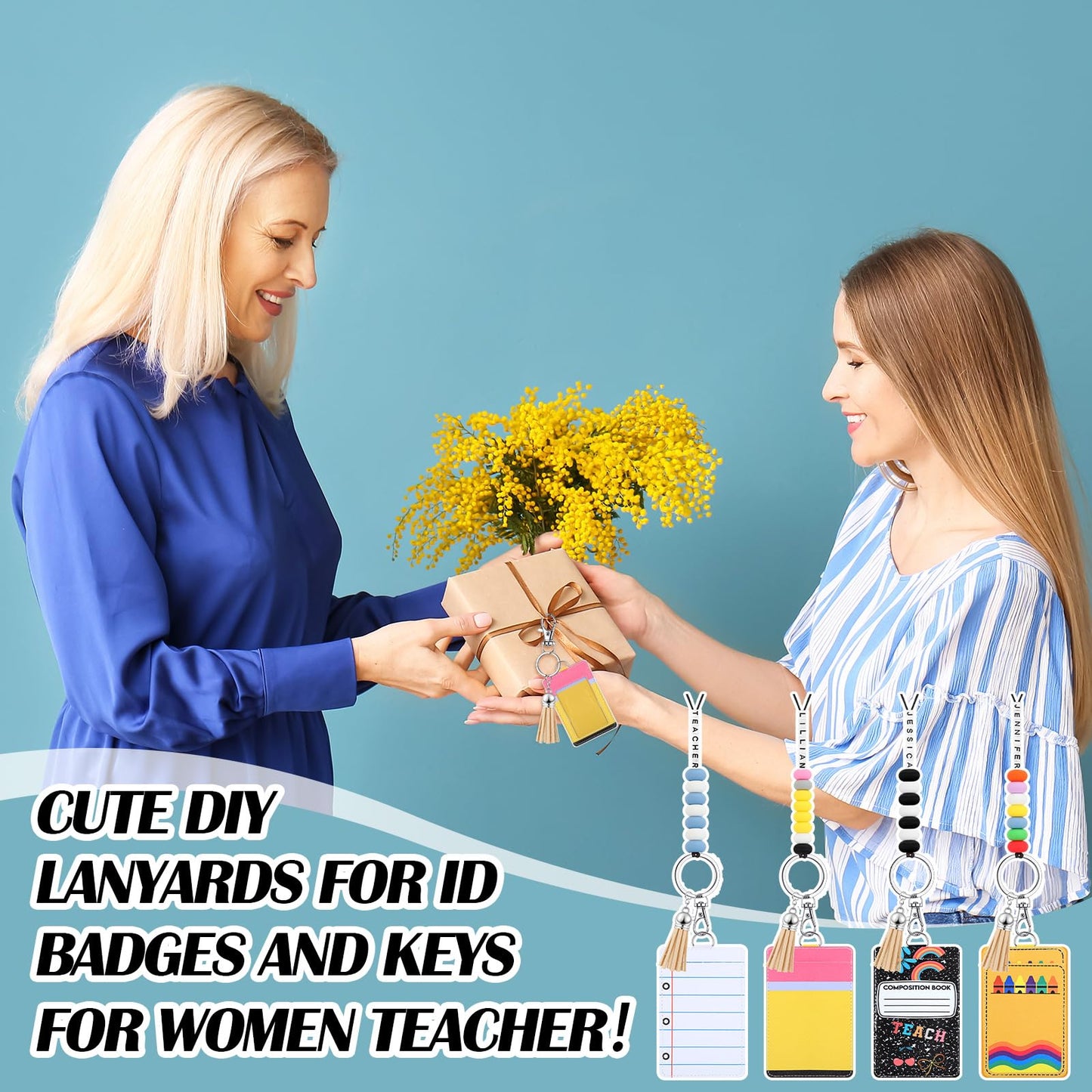 Gueevin 4 Sets/279 Pcs DIY Name Teacher ID Badge Holder with Lanyard Keychain Making Kit DIY Teachers Appreciation Gifts Cute Silicone Bead Lanyards Making for Teacher Office Graduation Supply Gifts