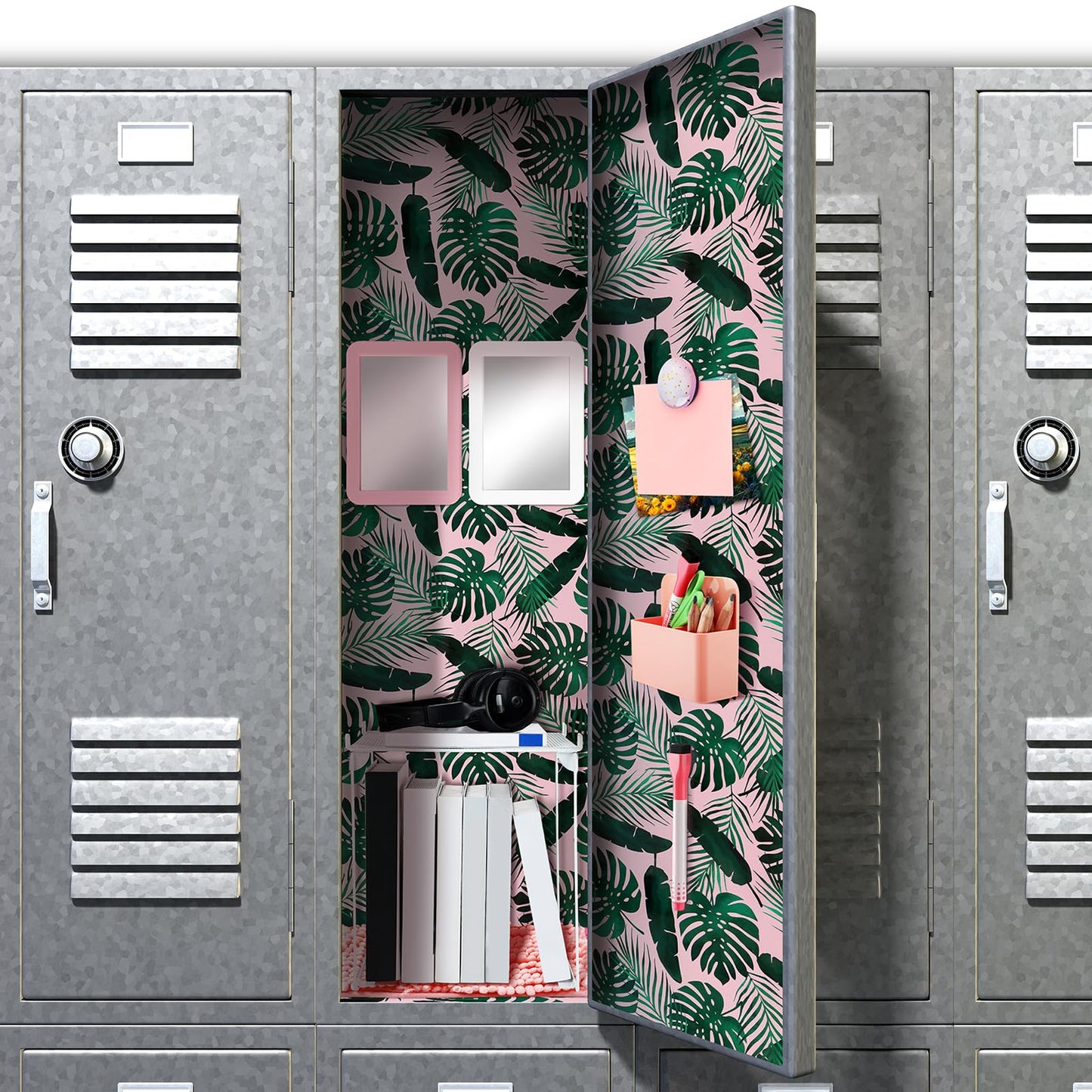 Colarr 17 Pcs Locker Organizer and Decorating Kit Back to School Essentials Include Magnetic Locker Wallpaper Locker Shelf Pencil Holder with Marker Mirror Rug Sticky Note (Light Pink,Leaves Style)