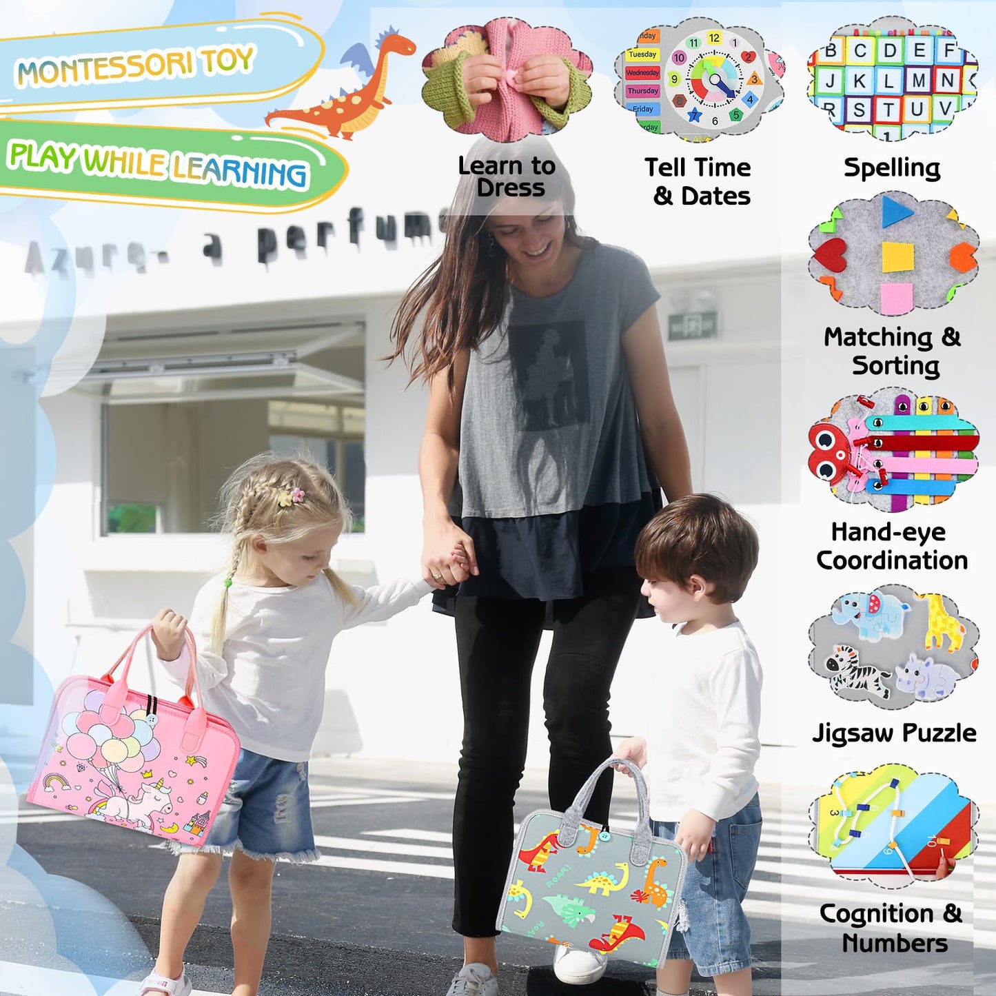 Esjay Montessori Sensory Garden Plush Set and Busy Board, Developmental Learning Toys with Rattle Squeaker Mirror Texture Tissue, Grey Dinosaur