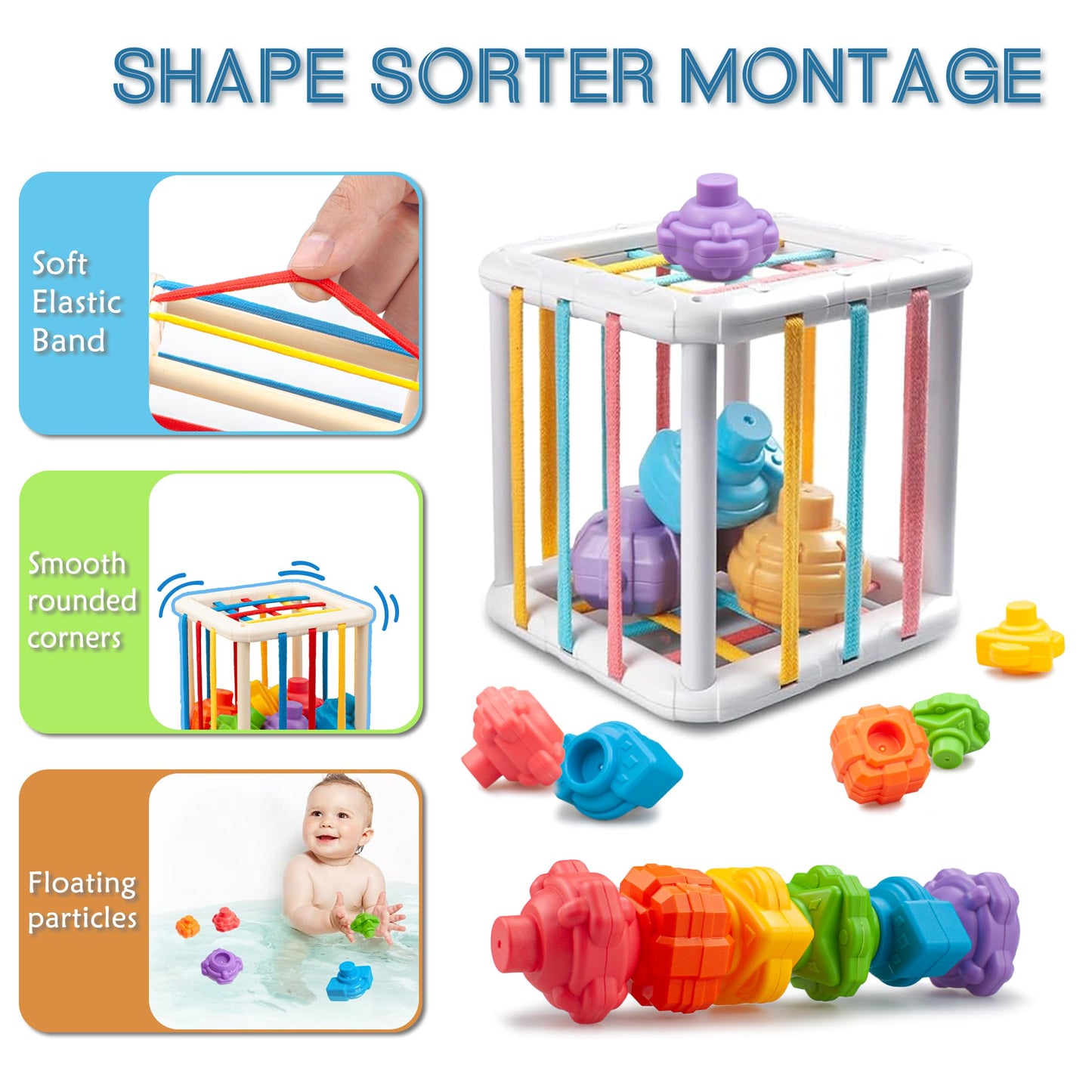 6 in1 Montessori Baby Toys 6-12 Months,Montessori Toy for Babies 6-12 Months,Incl 12pc Building Blocks &Silicone Pull String & Sensory Cube & Manhattan Ball& 2 Stacking Toys. Baby Development Toys