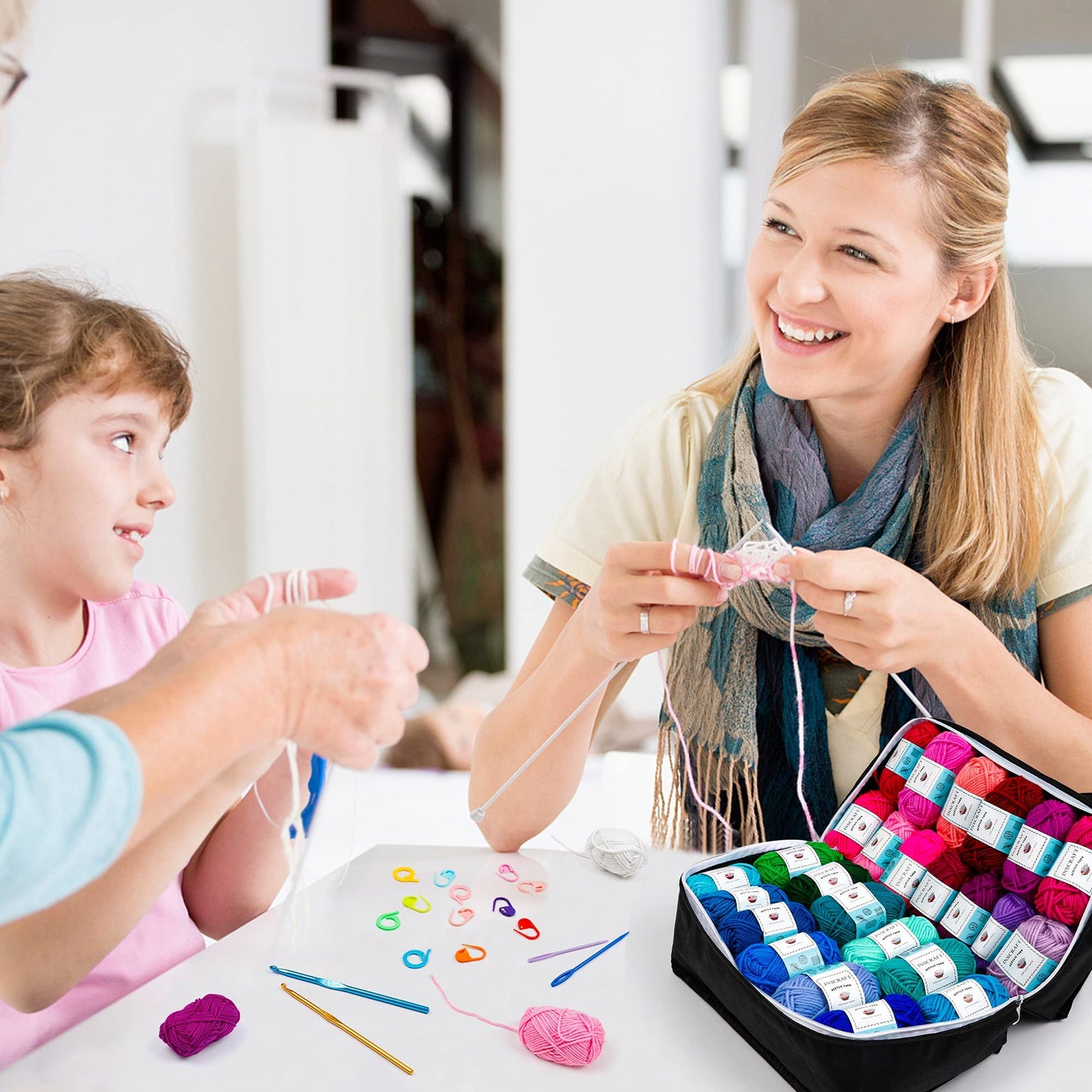 Inscraft 62 Acrylic Yarn Skeins, 2170 Yards Yarn for Knitting and Crochet, Includes 2 Crochet Hooks,2 Weaving Needles,10 Stitch Markers, Perfect Beginner Kit for for Adults Kids