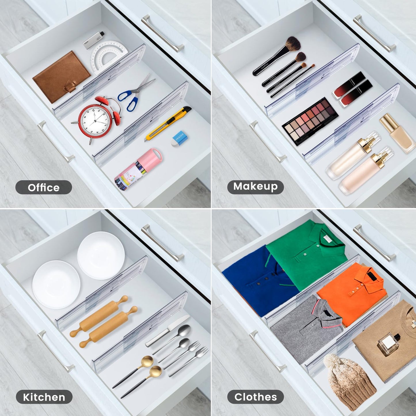 SPEREELER 8 Pack Adjustable Drawer Dividers for Clothes,5" High Expandable From 13-21" Clear Drawer Organizers, PC Plastic Separators for Dresser/Bedroom/Bathroom/Kitchen/Office Storage