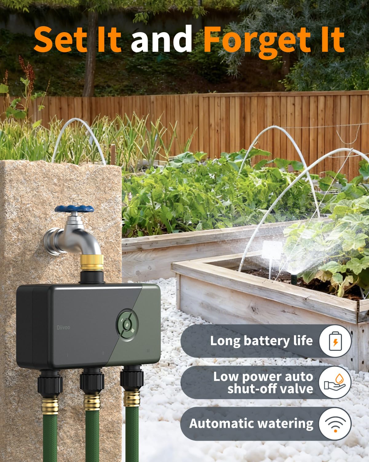 Diivoo 3 Zone WiFi Water Timer with Brass Inlet, Smart Sprinkler Hose Timer 3 Outlets Compatible with Alexa/Google Assistant, 18 Irrigation Plans, Rain Delay & Mist Mode for Garden Lawns (2.4GHz Only)