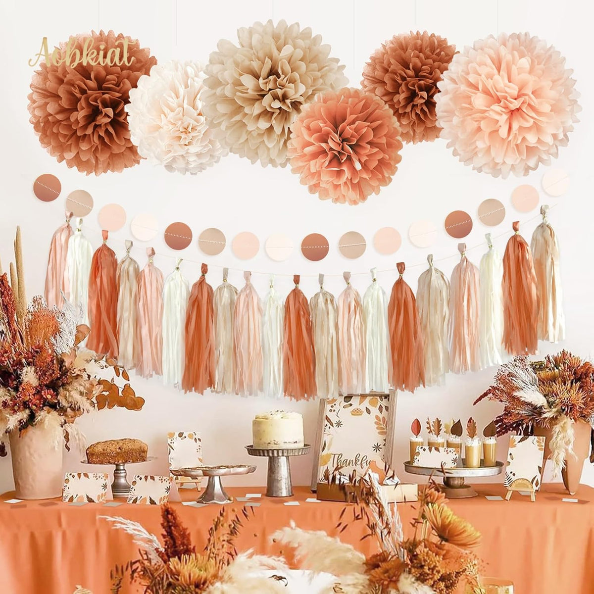 AOBKIAT Boho Wedding Decorations Set,28 PCS Dusty Brown Tissue Paper Pom Poms,Circle Dots Garland Paper Tassels Hanging Backdrop for Baby Shower,Birthday,Bridal Showers,Fall Party Supplies