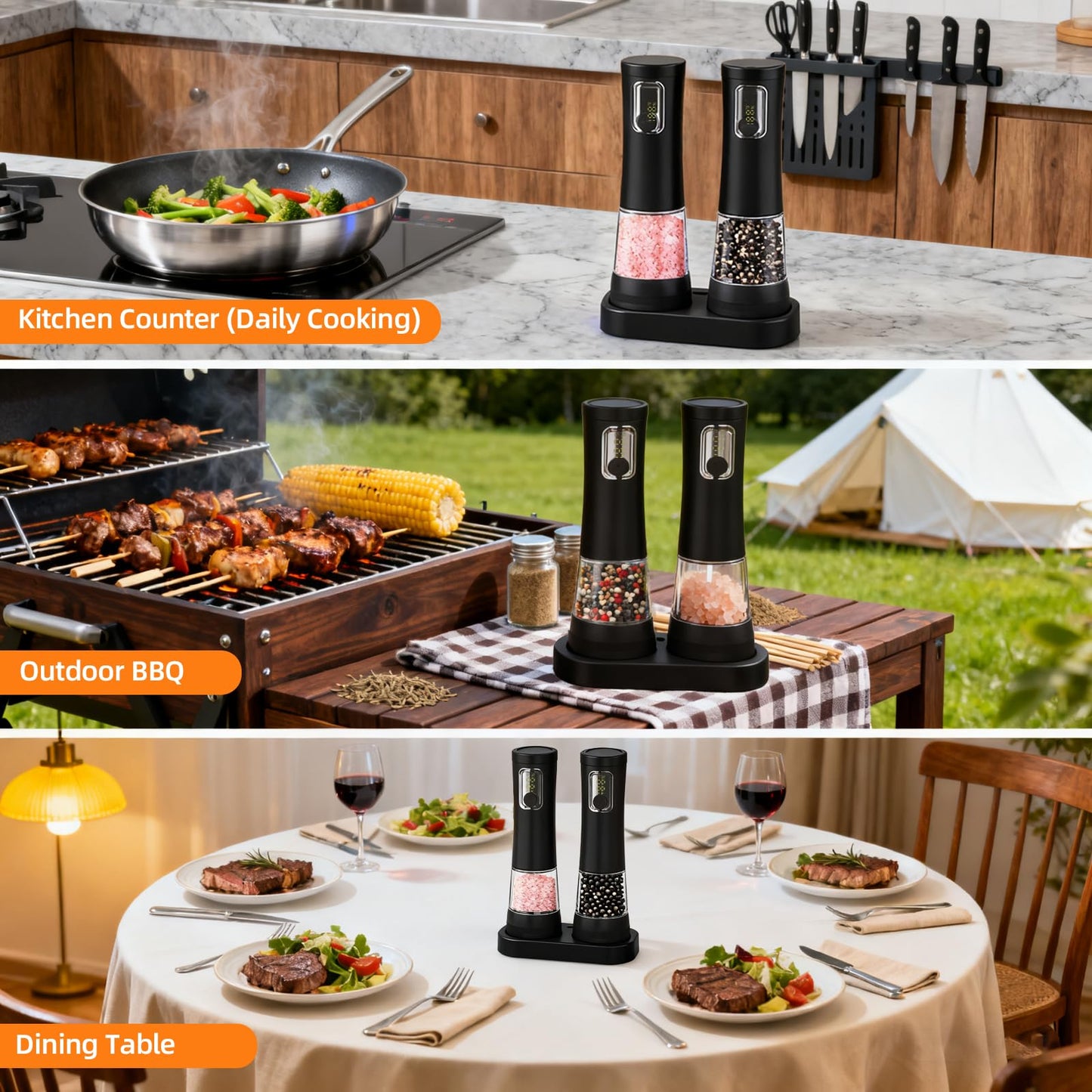 Electric Salt and Pepper Grinder Set-2 Pack Rechargeable Automatic Pepper Mill with Base,5-Level Adjustable Coarseness, Display, LED Lighting, Large Capacity-Ideal for Kitchen, BBQ Gifts (2, Black)