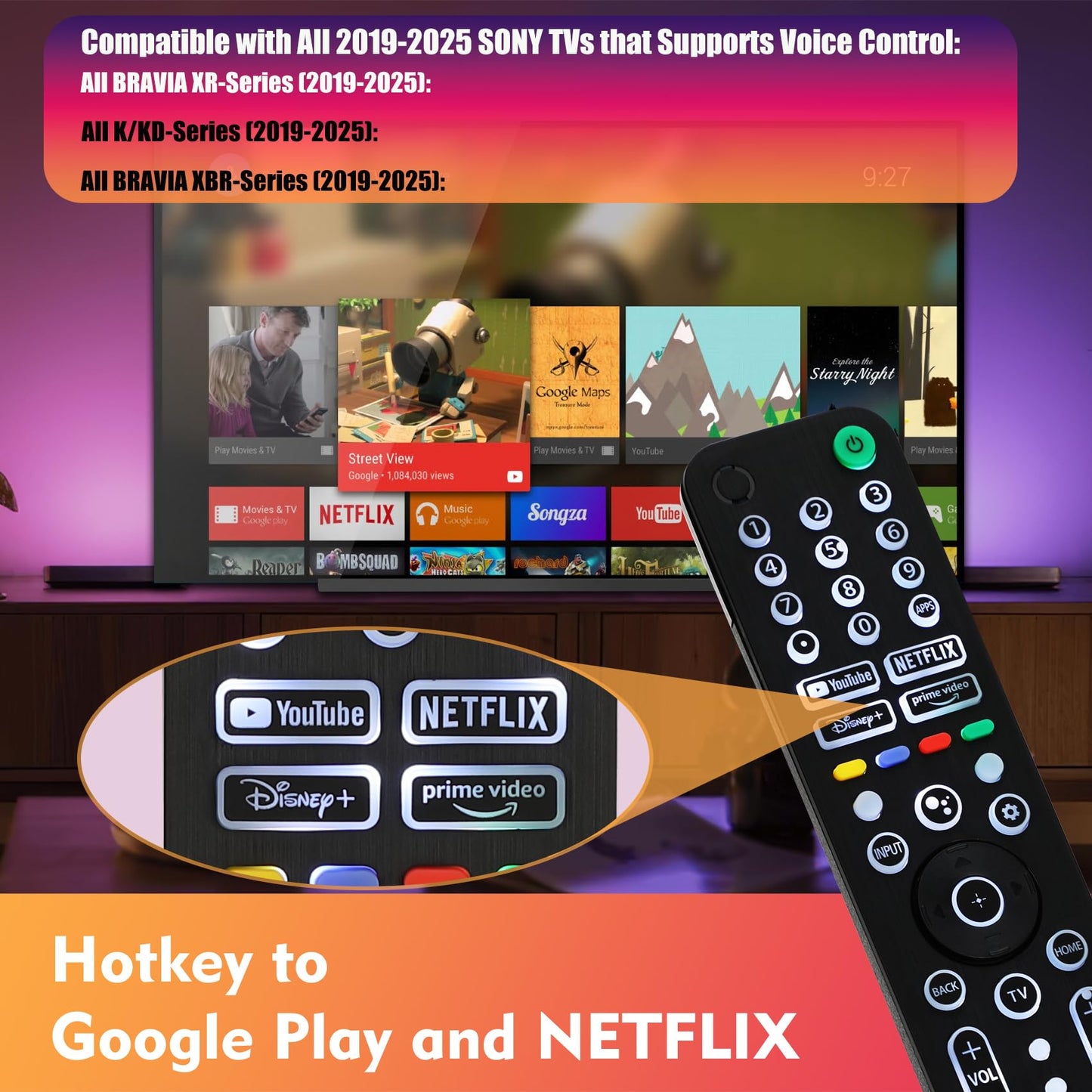 Universal Backlit Remote for Sony TV, for All 2019-2025 Sony Remote Control for Smart TV with Voice Control, Replacement Remote for Bravia XR/XBR/KD Series Google TVs, Backlight, 1 Year Full Warranty