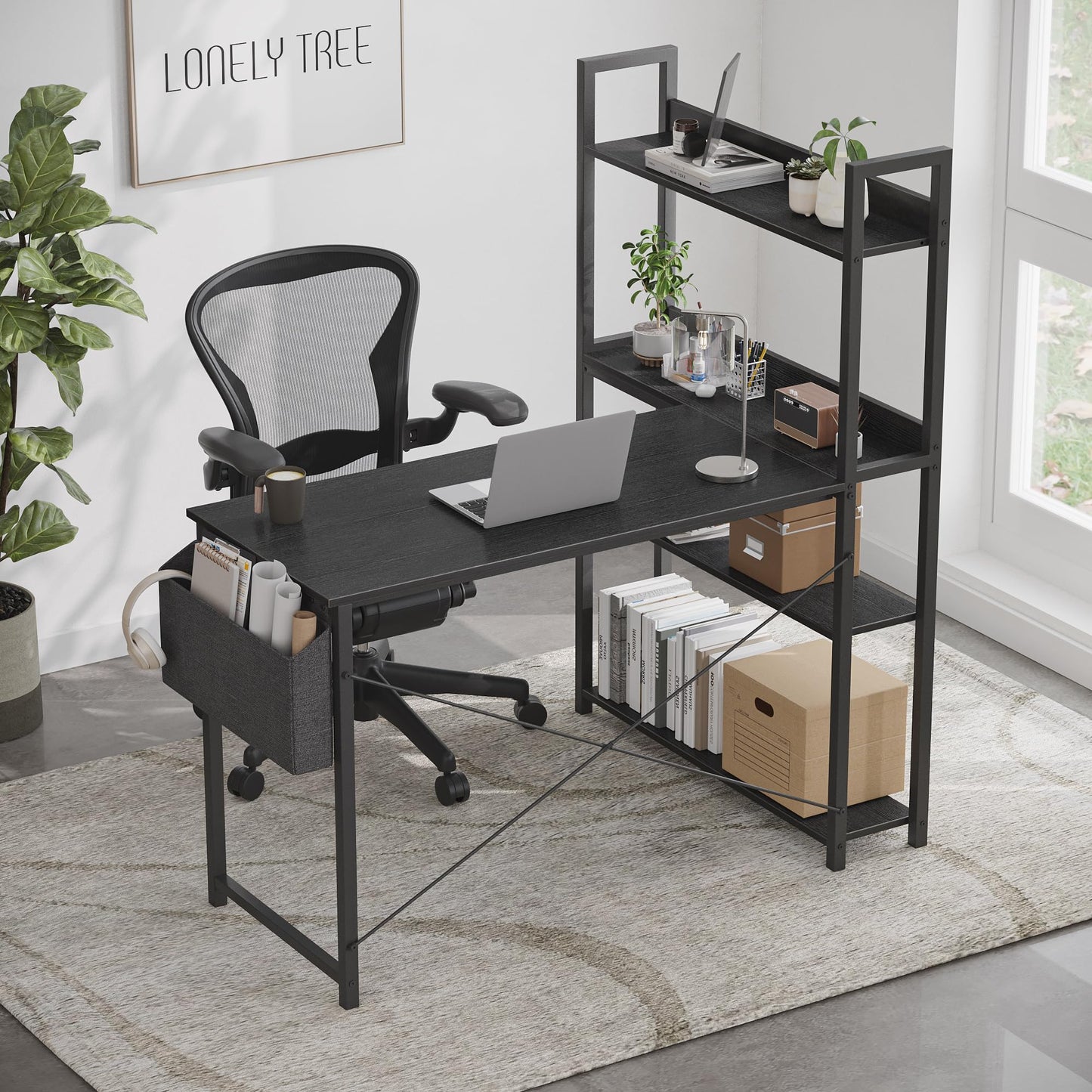 Treesland 55 Inch Small L Shaped Desk, Corner Desk with Bookshelf, Home Office Desk, Writing Study Desk for Bedroom, Black