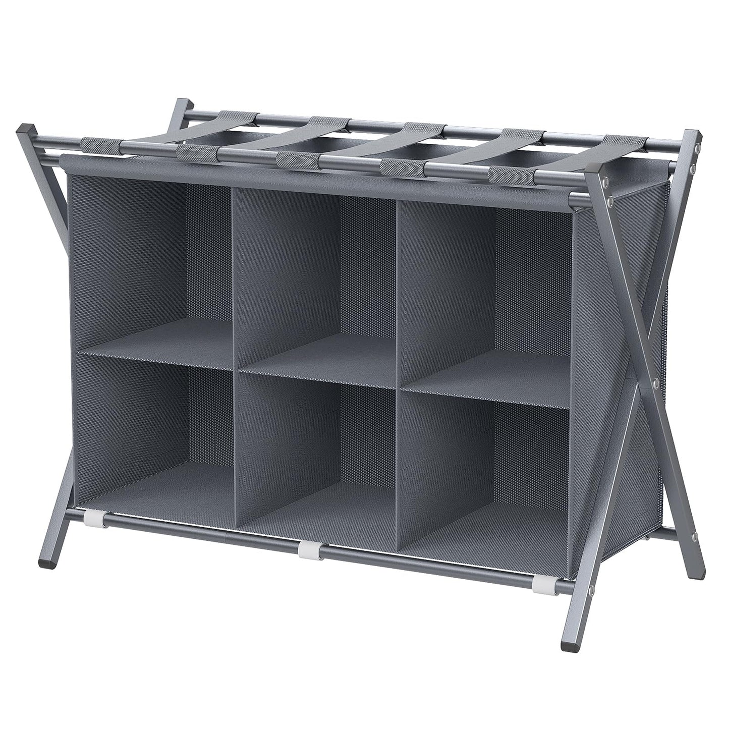 Huhote Luggage Rack for Guest Room, Folding Suitcase Stand with 6-Cube Fabric Storage Shelf, Luggage Holder, Steel Foldable Luggage Stand for Guest Room, Bedroom, Hotel, Grey
