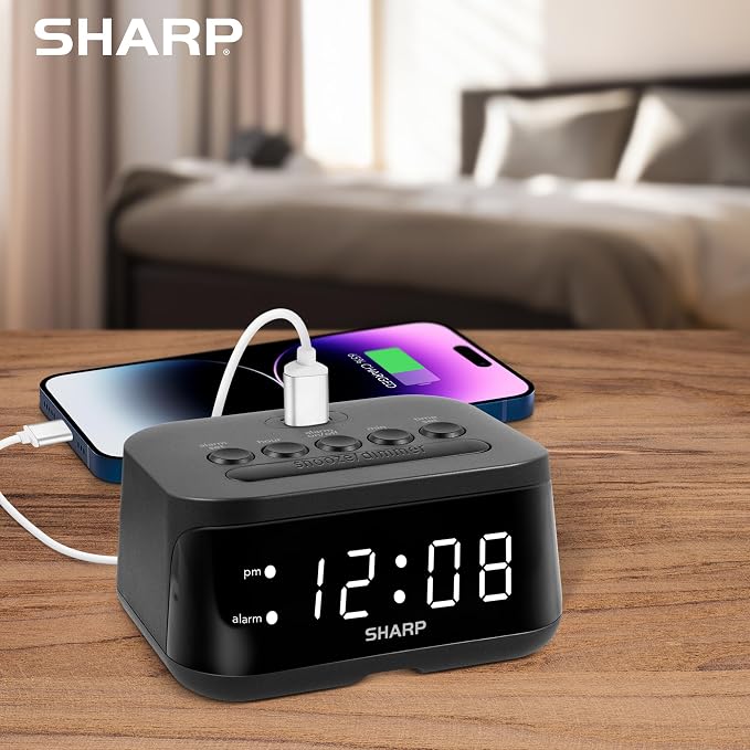 Sharp Digital Alarm Clock with USB 2 AMP Fast Charge Port & White LED Display