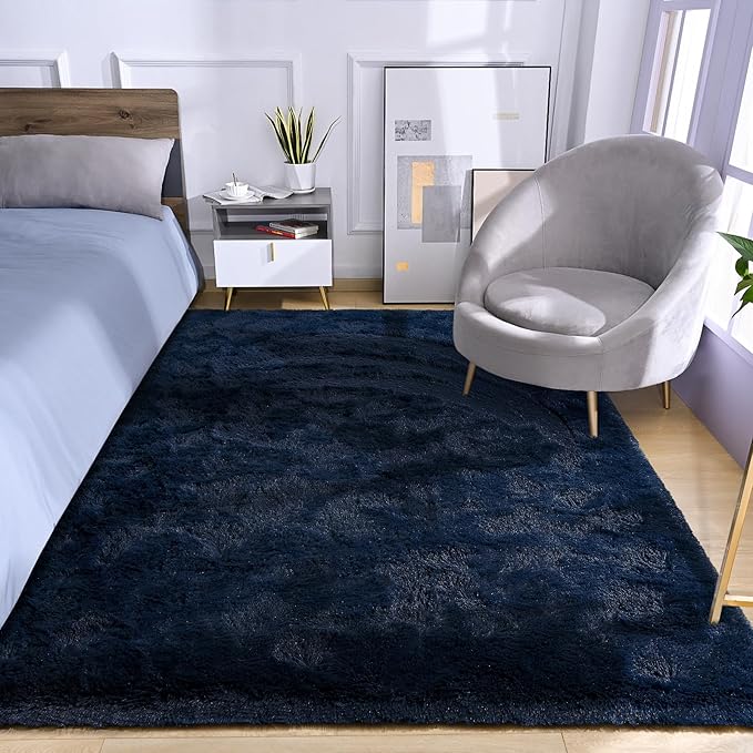 Amearea Premium Soft Area Rug 4x5.3 Feet, Blue Rugs for Living Room, Fluffy Carpet for Bedroom Nursery Playroom Teen Home Decor, Comfortable Indoor Furry Dorm Carpets, Navy Blue