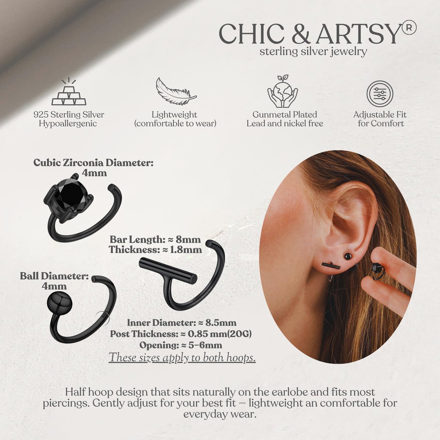 Black Half Hoop Earrings 925 Sterling Silver Small Huggie Hoop Earrings Set for Women 3 Pairs Open Hoop Earrings