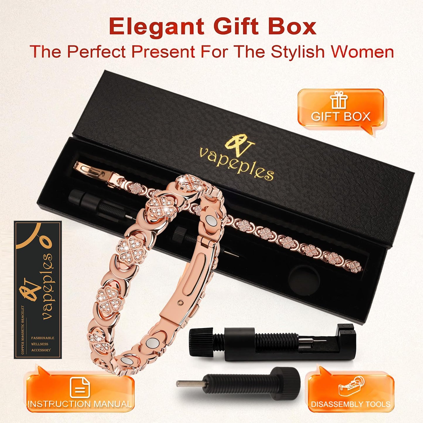 vapeples Copper Bracelets for Women, 3800 Gauss, 99% Pure Copper Magnetic Bracelet, Adjustable Sizing, Four-Leaf Clover Women's Bracelets with Sparkling Cubic Zirconia, Gift Packaging