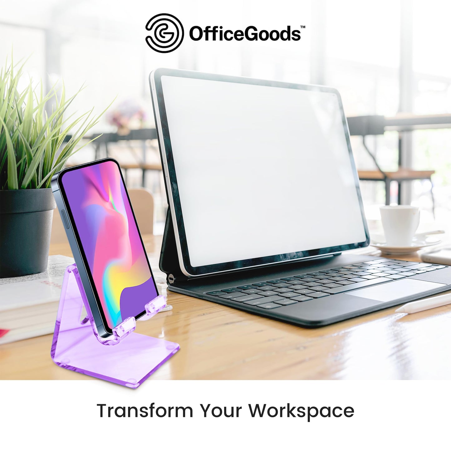 OfficeGoods Acrylic Phone Holder Aesthetic Desk Phone Stand, Compatible with 4-8 inch screens, Office Decor and Work from Home Essentials - Purple