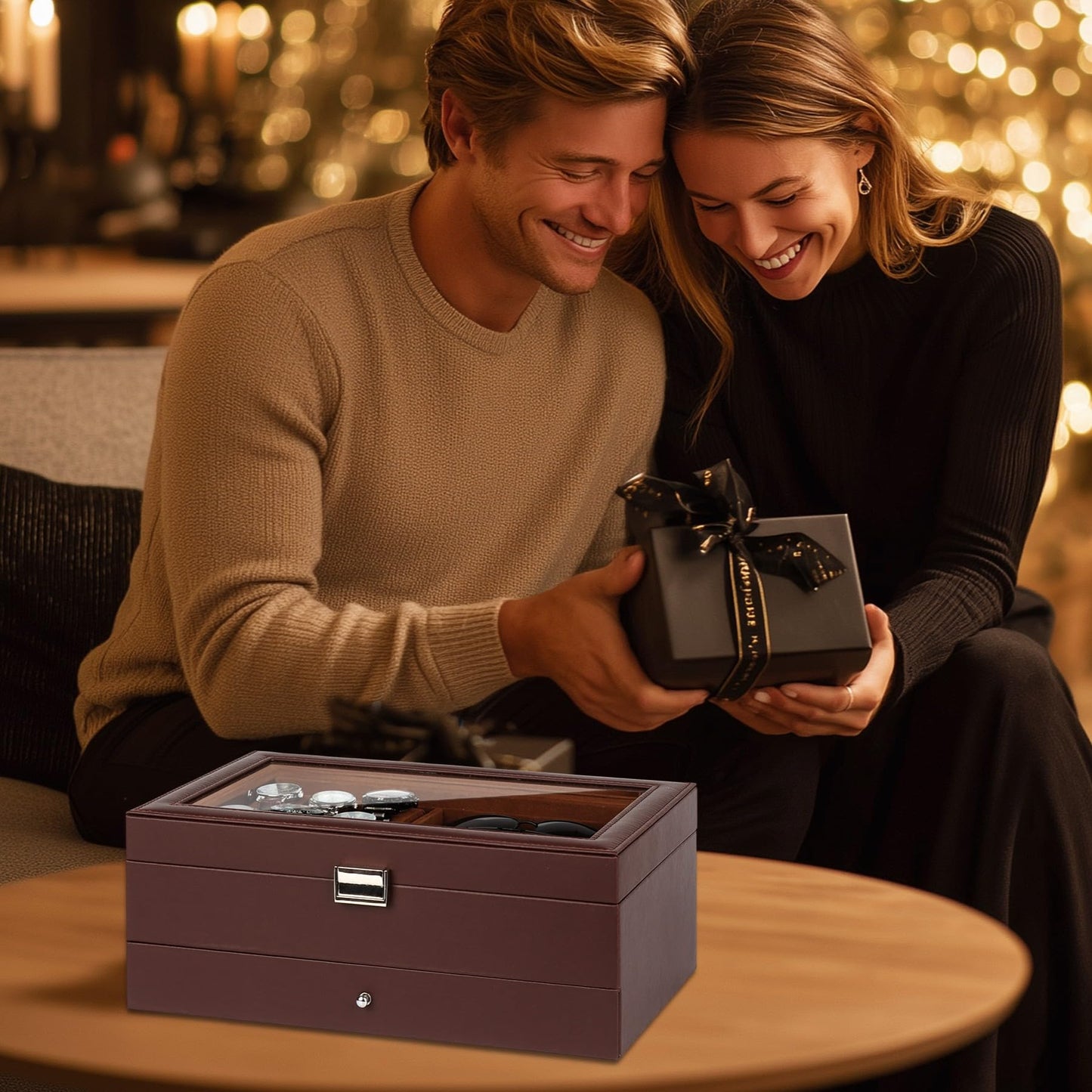 GLJ Jewelry Box for Men, 6 Slot Watch Box Jewelry Organizer With Drawer, Watch Case for Men with Large Window, 2-Layer Watch Holder, Sunglasses Storage Organizer, Velvet Lining, PU Leather, Gift Idea