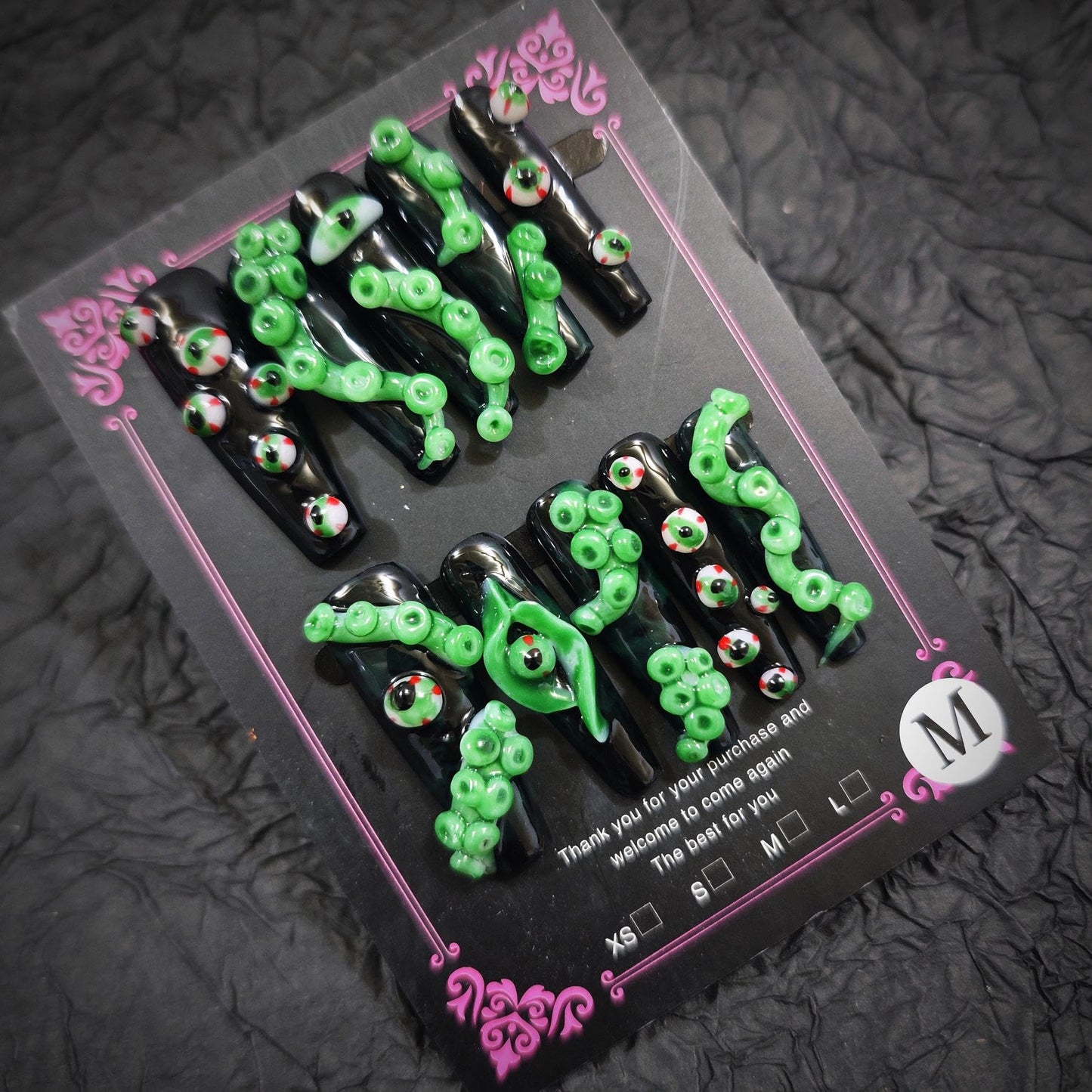 10Pcs(1Pack) Handmade Press On Nails Long Square 30mm Gothic Dark Black Green 3D Tentacle Eye Artistic Statement Nails for Women Party Holiday Photo Wedding Size M