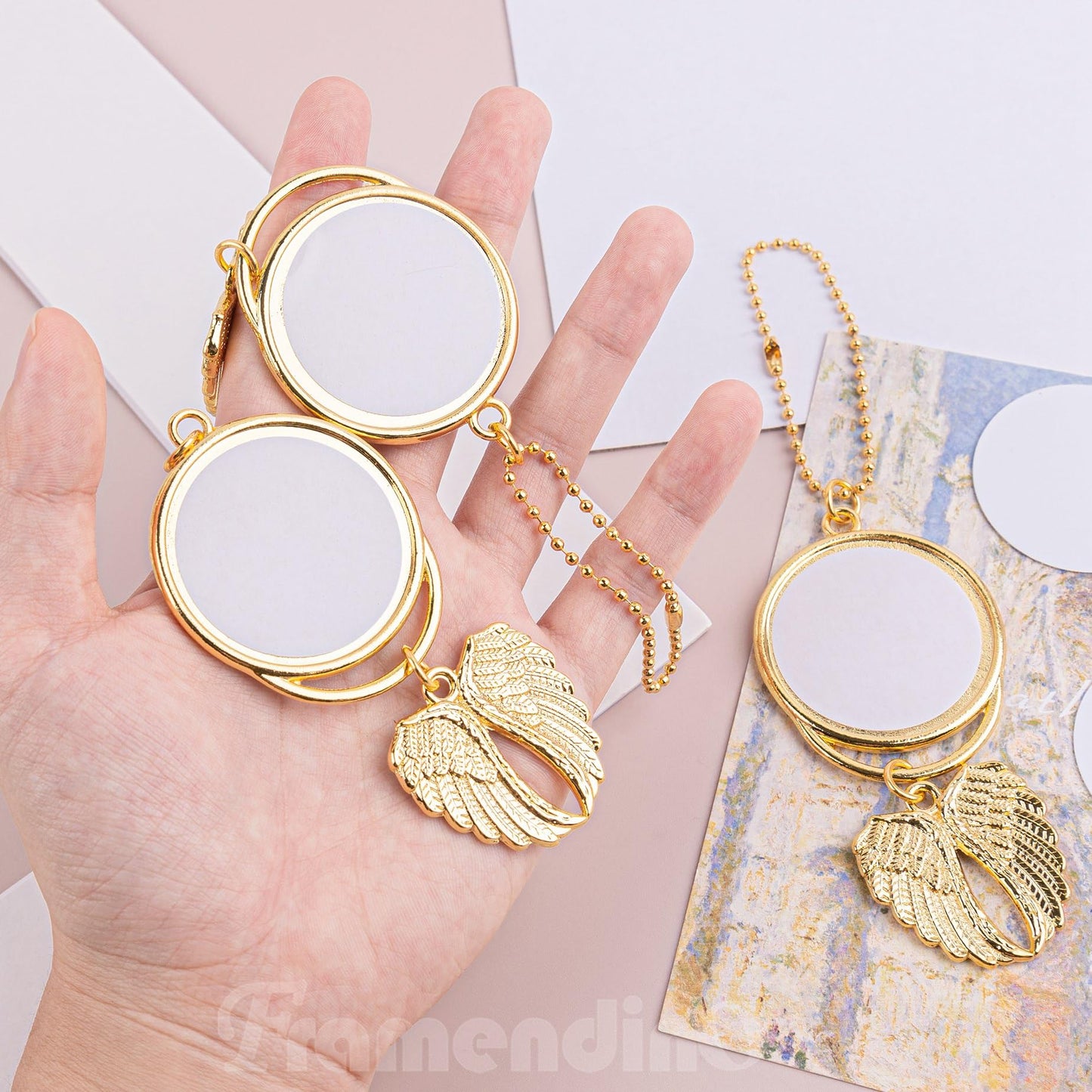 Framendino, 10 Pack Gold Angel Wings Car Hanging Ornaments Mirror Accessories Blank Personalized Heat Transfer Photo Frame Keychain for DIY Crafts