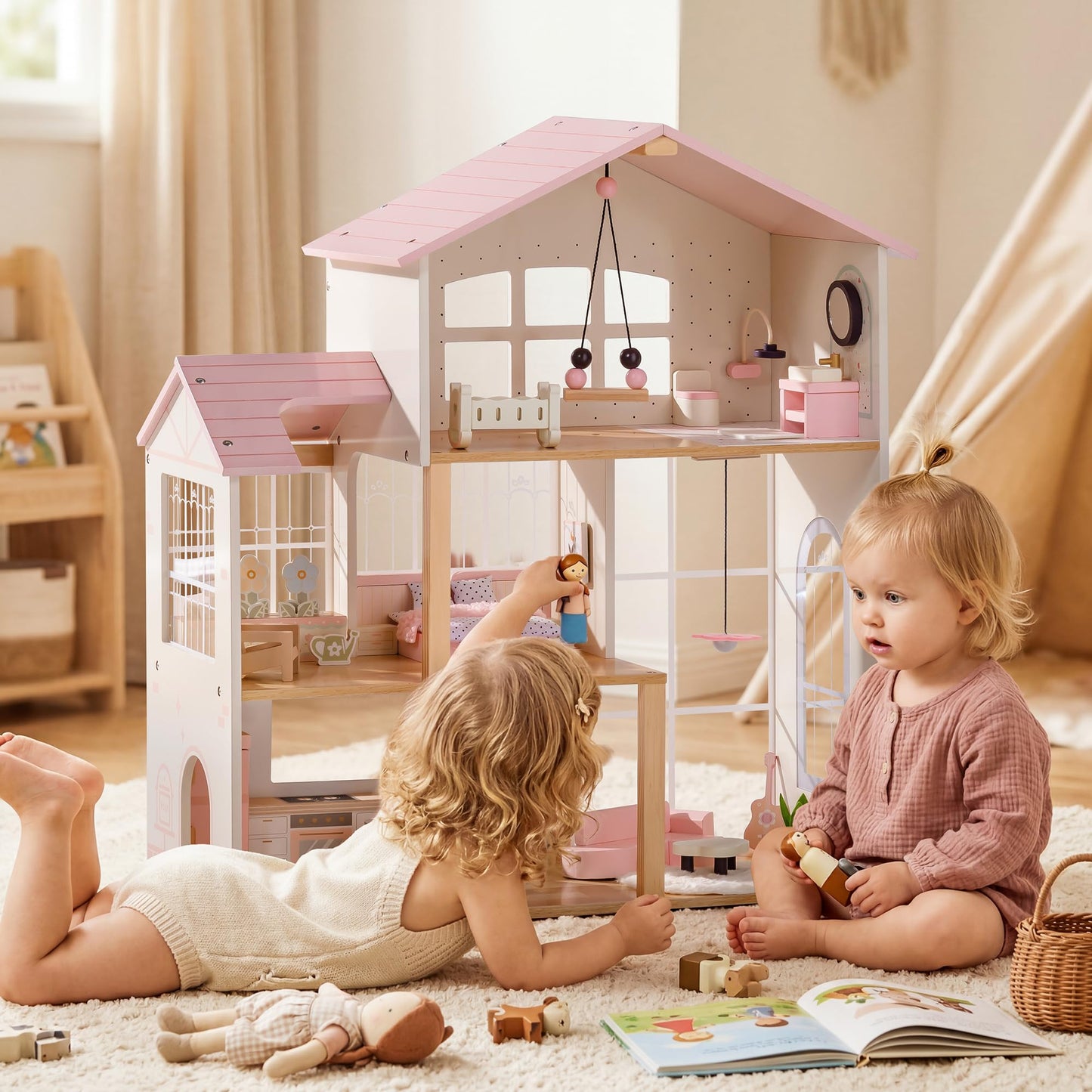 ROBOTIME Doll House for Girls – Three-Story Wooden Dollhouse with 6 Open Rooms, Transparent Conservatory, 37Pcs DIY Modular Furniture Accessories, Pretend Dollouse Creative Gift for Girl Ages 3+