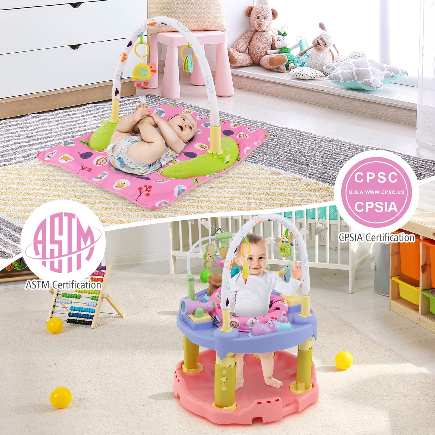 BABY JOY Baby Bouncer Activity Center, 3 in 1 Activity Center & Table | Infant Play Mat, Bouncing Activity Saucer w/Music, 3 Adjustable Height, 360° Seat for Babies 0-24 Months (Pink)