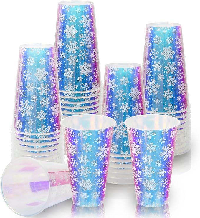 25 Winter Plastic Cups Iridescent Snowflake Party Cups 16oz Frozen Shiny Snowflakes Disposable Drinking Cups for Birthday Wedding New Year Holiday Party Supplies (16oz)