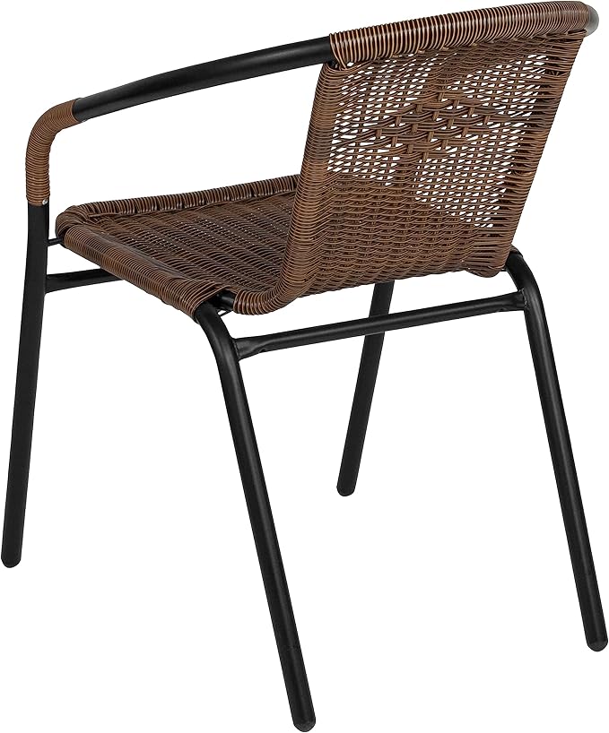EMMA + OLIVER Set of 4 Modern Rattan Indoor/Outdoor Stack Chairs, Stacking Rattan Patio Chairs with Curved Back and Cross Bracing, Brown