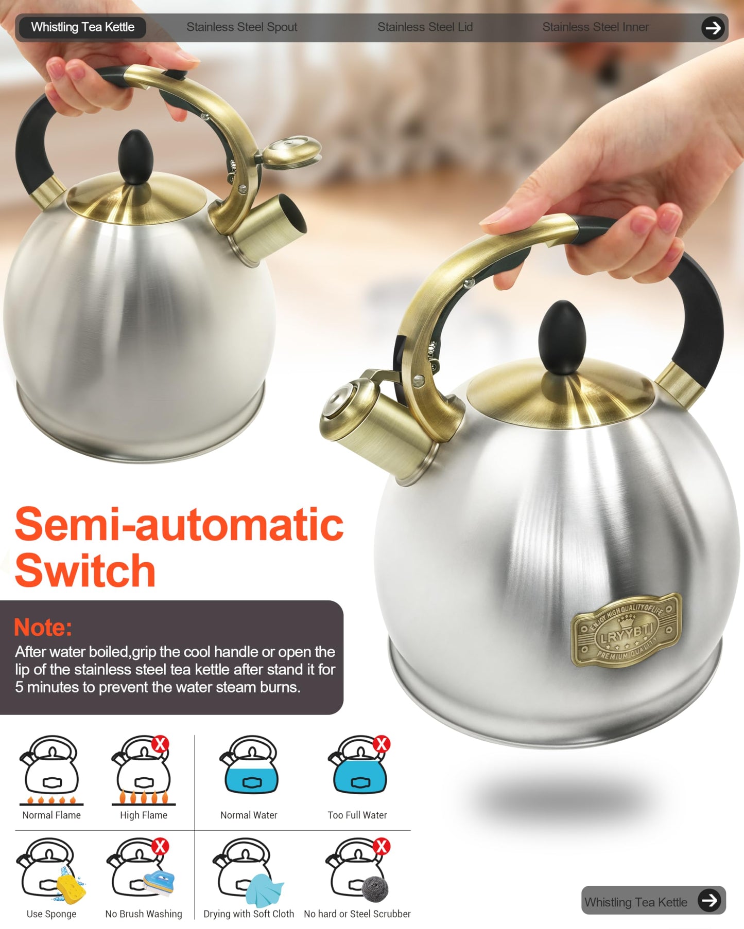 LRYYBTI Stove top Whistling Tea Kettle Food Grade Stainless Steel Teapot of 5-layer base for Camping & Kitchen(Brushed, 2.64 Qt)