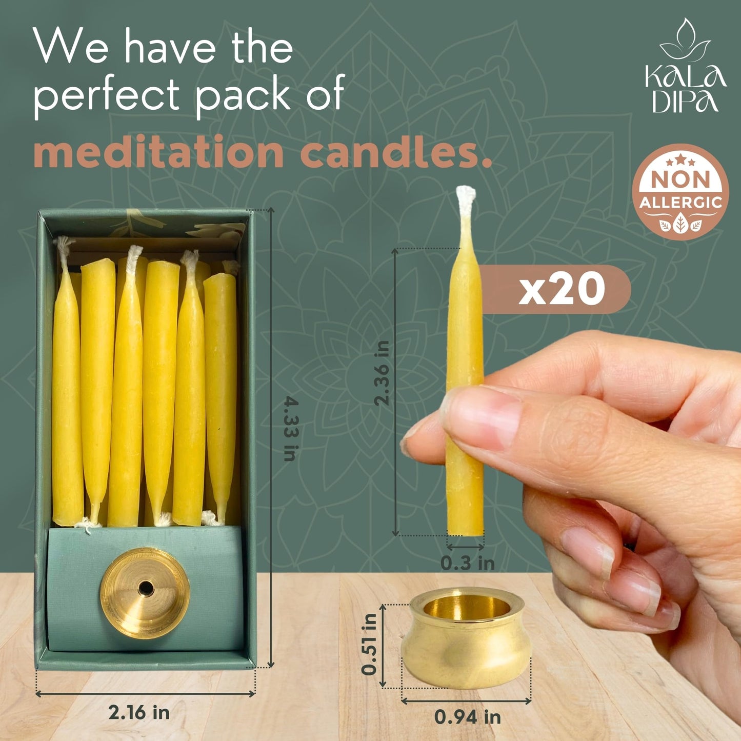 20 Minute Beeswax Meditation Candles β Set of 20 Mini Taper Candles with Brass Candle Holders, Dripless & Smokeless β Ritual, Yoga & Mindfulness Gift β KALA DIPA