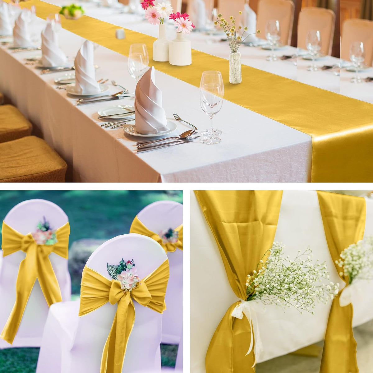 Aneco 16 Pack Satin Table Runner 12 x 108 Inch Gold Long Wedding Satin Silk Table Runner for Wedding Banquet Graduations Birthday Party Decoration