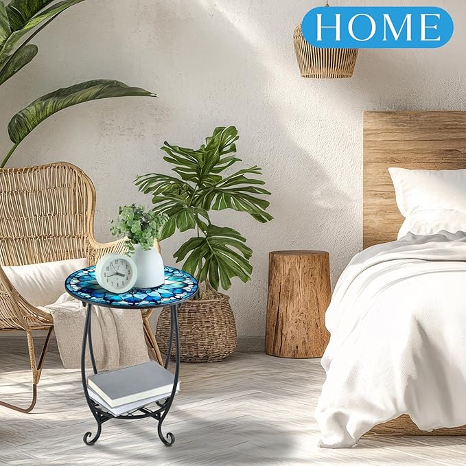 Outdoor Side Table Round Small Mosaic Patio Accent Indoor End Plant Coffee Tea Table for Yard Patio Porch Garden Living Room, Bedroom(Mandala Style,16 Inch)