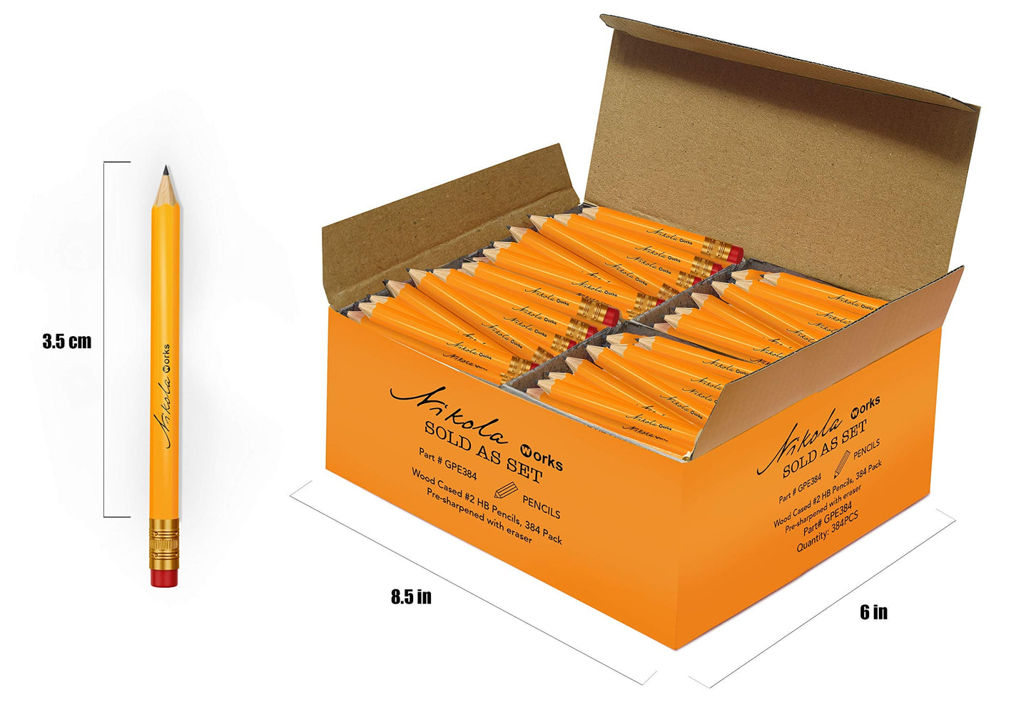 Nikola Works Mini Golf Pencils With Erasers - 192 Count - Classic Pre-Sharpened #2 HB American Pew Pencils Standard Hex Shaped Bulk Pack