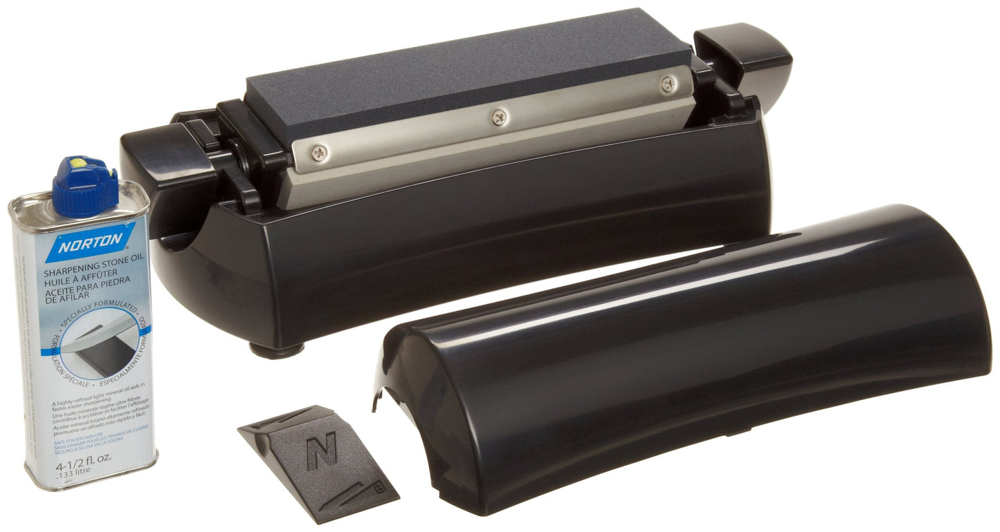 Norton IM200S Knife Sharpener, Oil Stone Sharpening Stone Kit with Medium/Extra Fine Grit, Stone Sharpener Holder and Knife Angle Guide