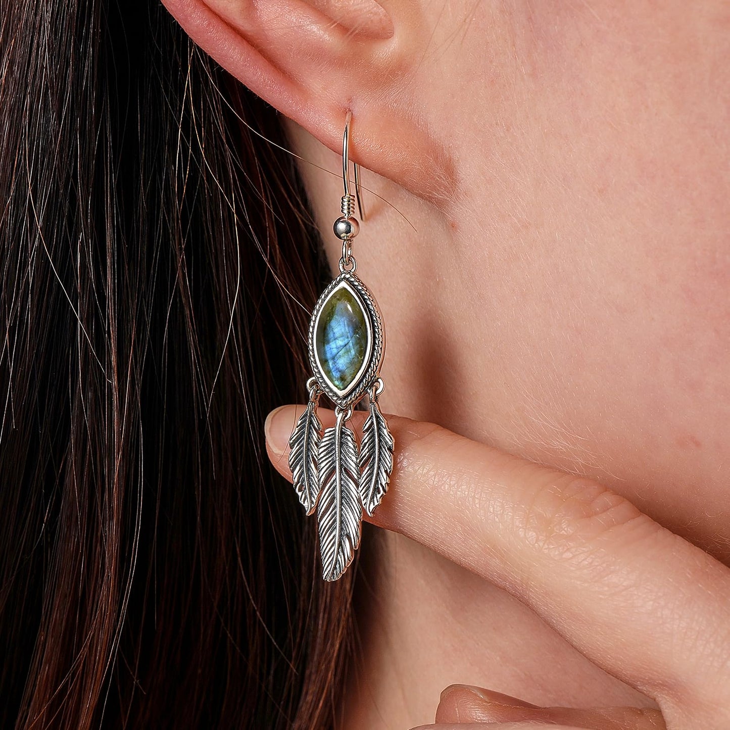 AVECON Labradorite Feather Dangle Earrings for Women 925 Sterling Silver Drop Earring Boho Leaf Statement Earrings Unique Hook Earrings Valentine's Day Vintage Feather Earrings Women's Jewelry