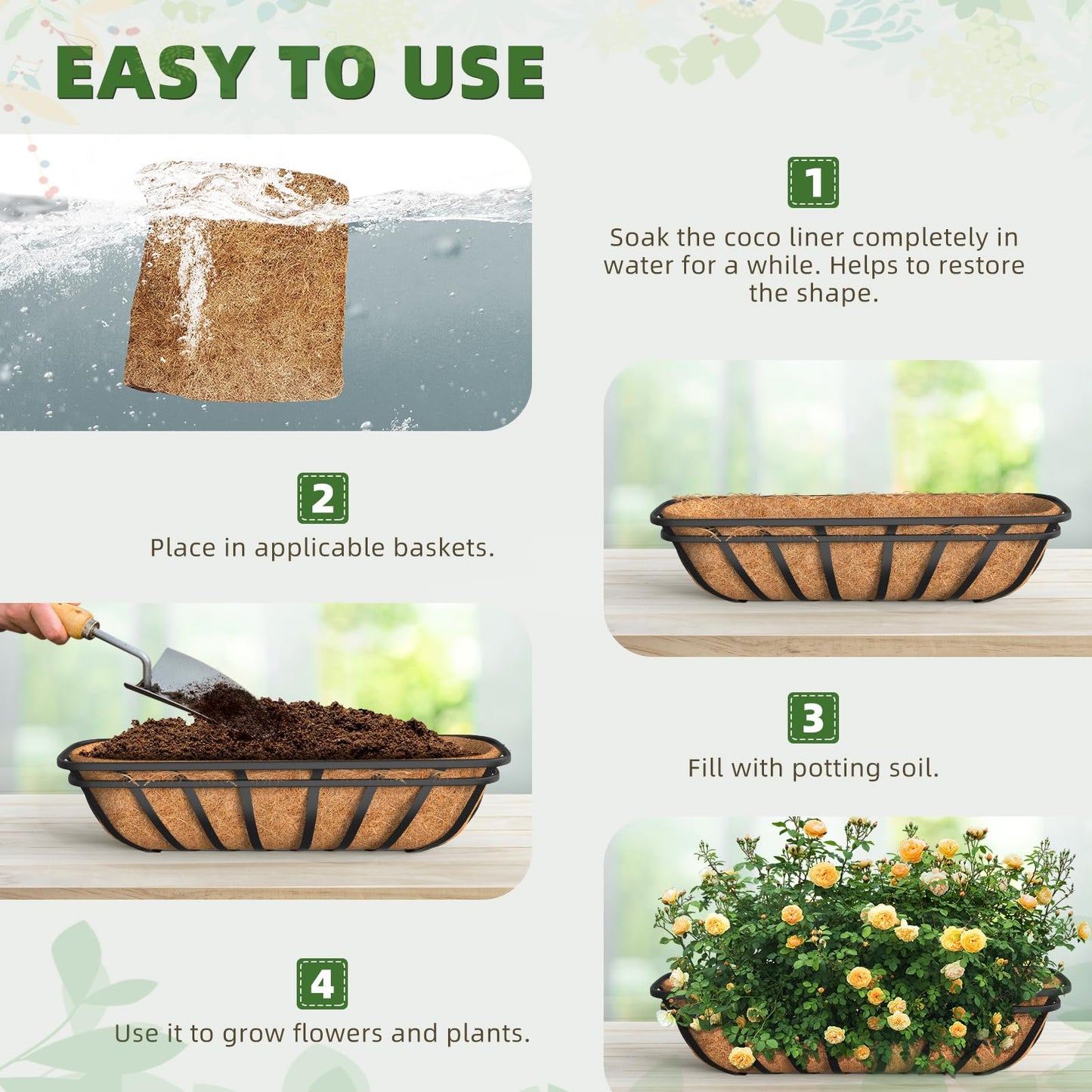 Fansile 30 inch 3 Pack Trough Coco Liners, Natural Coconut Coir Fiber for Wall Basket Planters, Window Box Liners, Garden Planter Baskets, Fence Flower Baskets