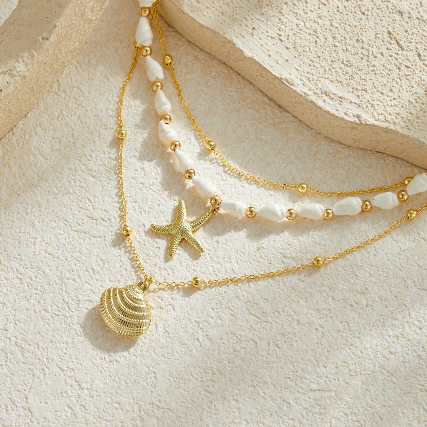 Seashell Starfish Necklace for Women Conch Shell Summer Pearl Beach 14k Gold Layered Dainty Choker (3 Layered Necklace)