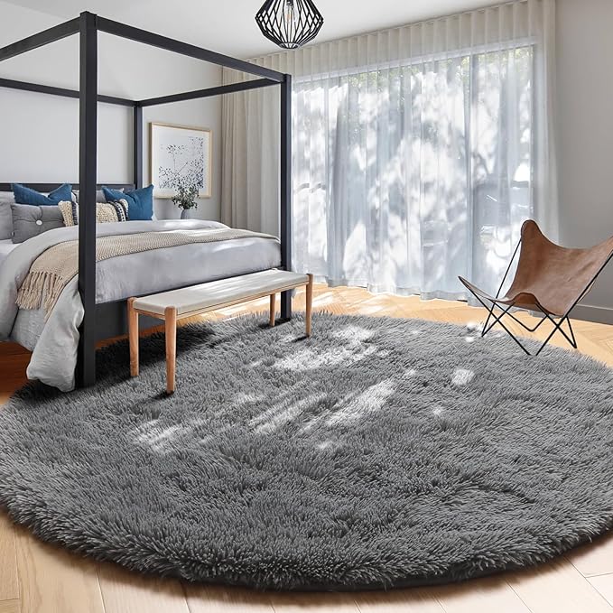 Amdrebio Grey Round Area Rugs 7Ft for Living Room, Large Shag Fluffy Circle Rug for Bedroom, Big Soft Thick Plush Carpet for Kids Room, Modern Furry Fuzzy Circular Gray Rug for Classroom Apartment