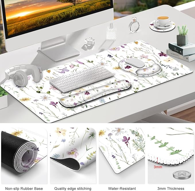 Gaming Mouse Pad, Large Desk Mat, Cute Desk Pad Protector, 4in1 XXL Mousepad + Keyboard Wrist Rest+Mouse Wrist Rest+Coaster Set with Ergonomic Desk Pad for Home Office Computer, Purple Flower Plants