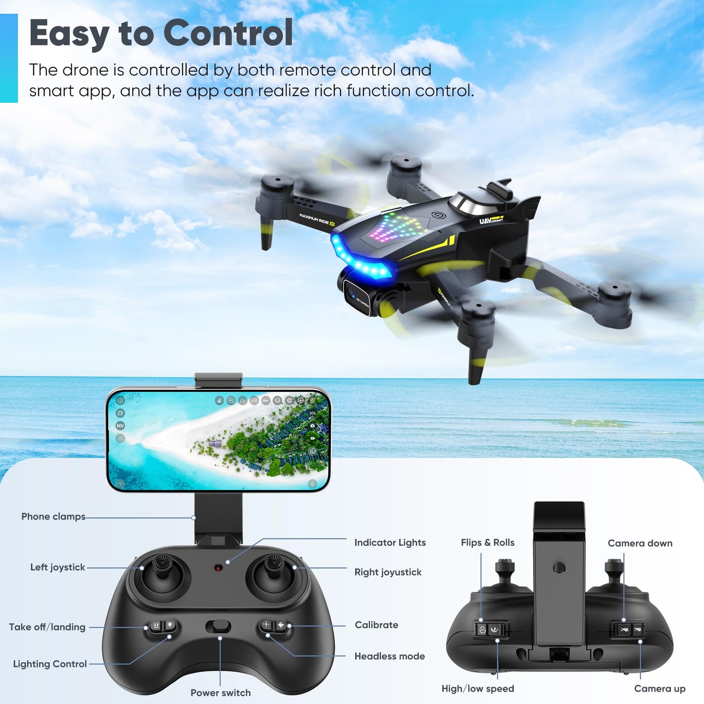 Flymevac Drone with Camera, Dual 720HD, Drone for Kids with Cool Lights, Gestures Control, Vertical Shooting, Waypoint Flight, Gravity Control, 3D Flip, 3-Speeds, Drones for Adults, Beginners, Kids
