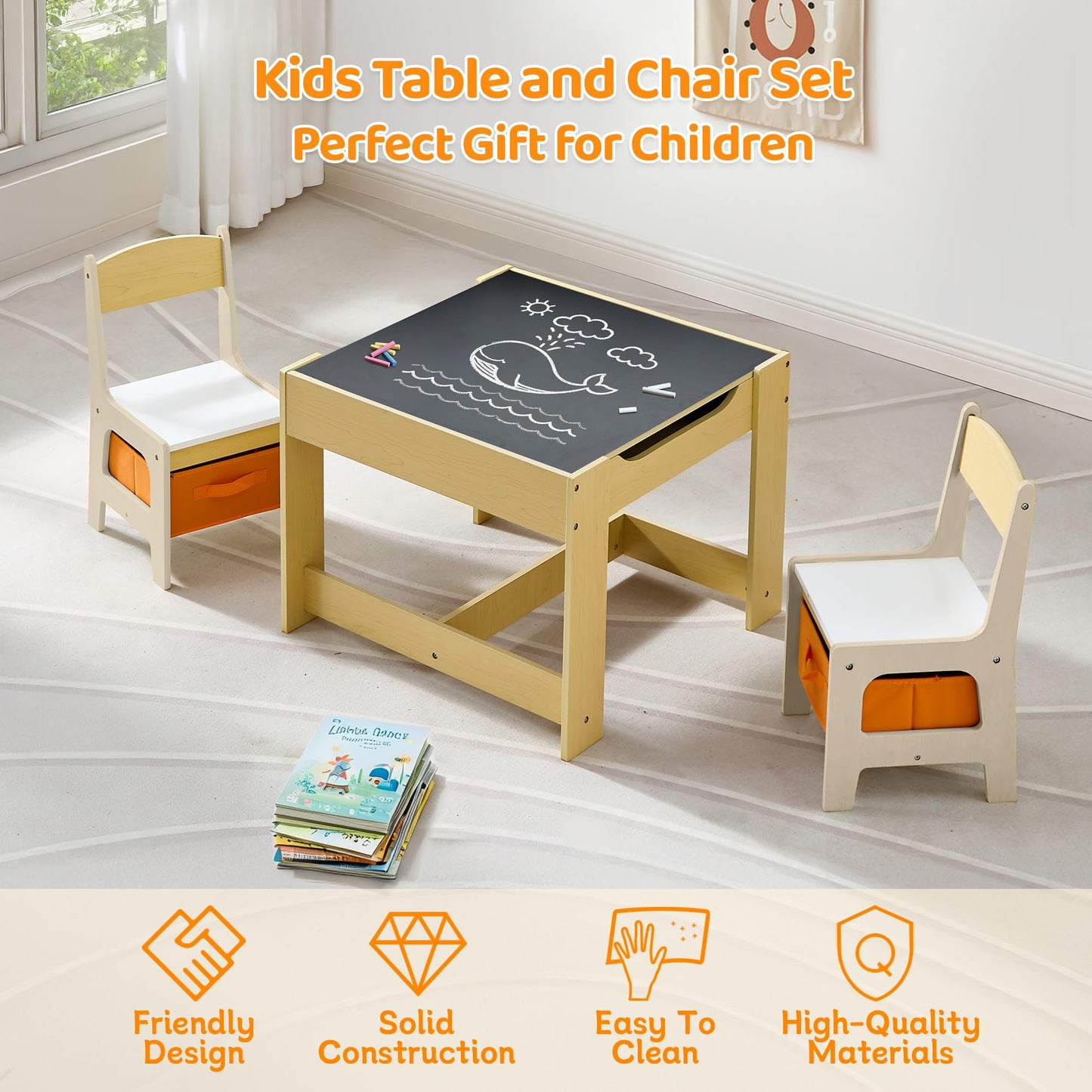 CuFun Kids Table and Chairs Set, 4 in 1 Wooden Kids Table with Reversible Tabletop, Children Activity Table with Removable Tabletop Storage, Toddler Table and Chair Set for Home, Nursery, Playroom