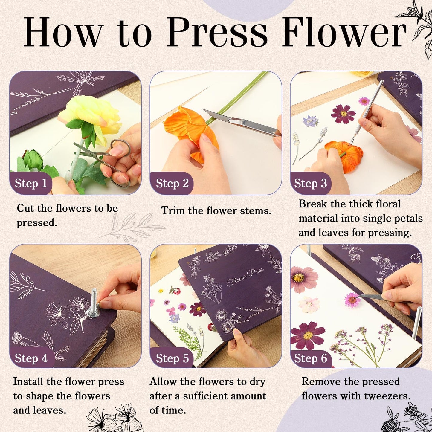 Hoolerry Extra Large Flower Press Kit 11" x 11" Wooden Floral Presser 10 Layers Wedding Bouquet Preservation Kit Dried Flower Art for Bookmark Floral Drying Gift(Lavender)