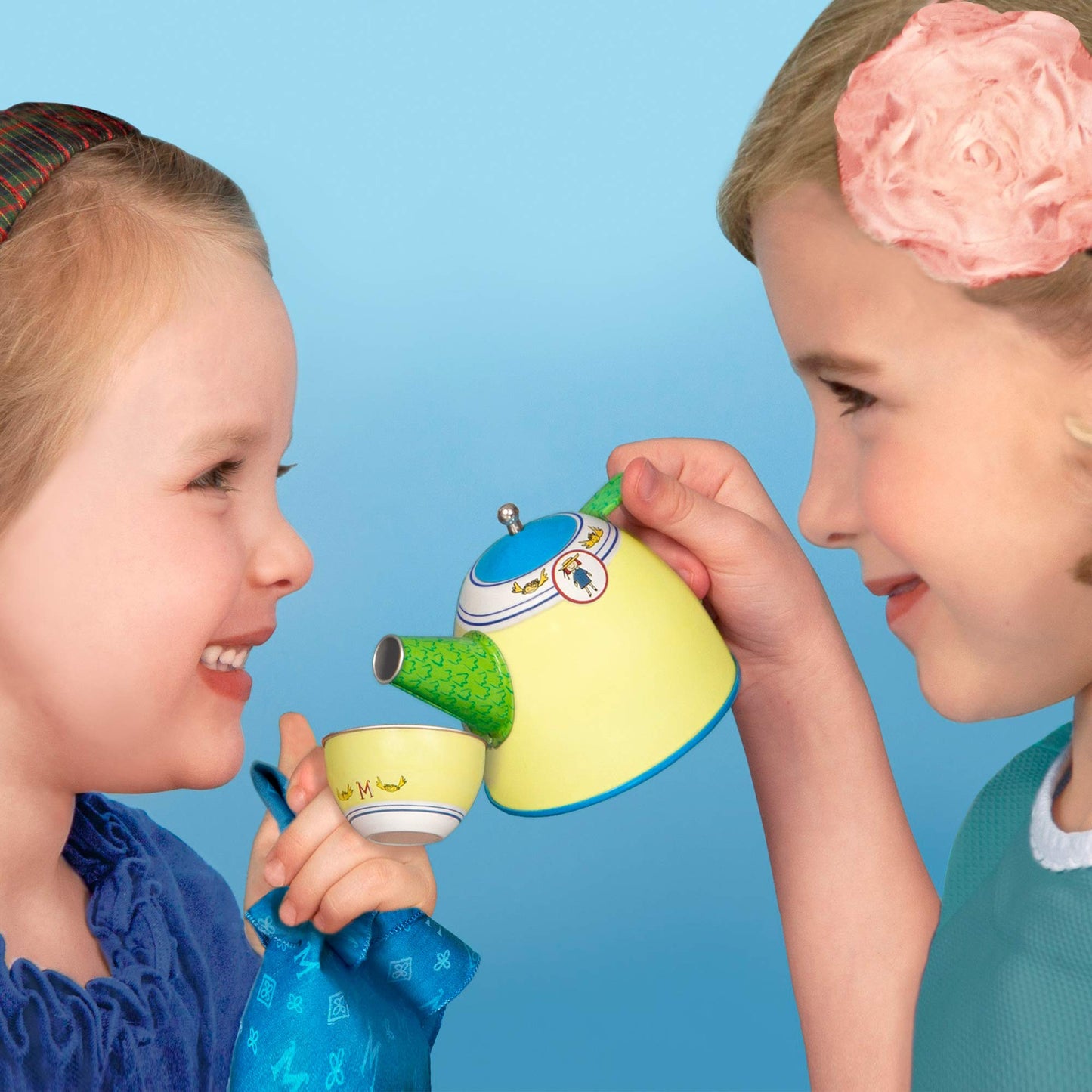 YOTTOY Madeline Collection | 23-Piece Kids Tin Tea Set Toy w/ Illustrations, Monograms, Carry Case