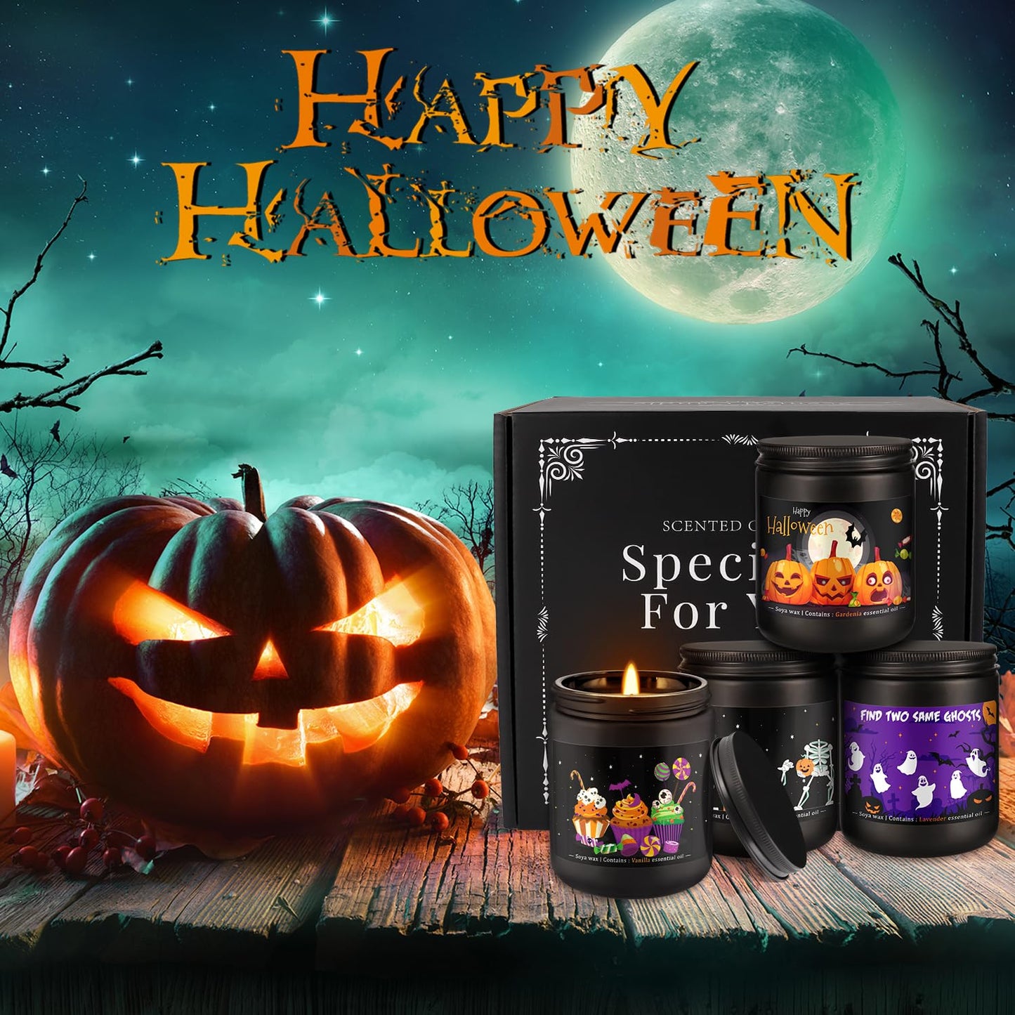 Grcdoyvl Halloween Scented Candles Set of 4 (7oz Each) β Spooky Aromatherapy Soy Wax Candles with Bat & Ghost Designs, Smokeless for All Saints' Day, Home Decor & Festive Gifts