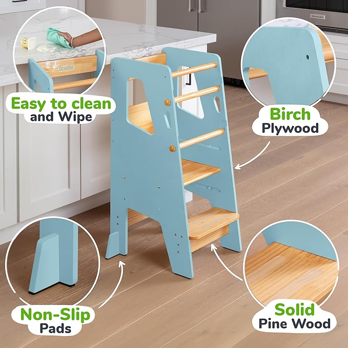 OCODILE Toddler Standing Tower - Adjustable Height Toddler Kitchen Stool Helper - Ideal Kids Kitchen Step Stool for Learning New Skills - Updated Design with Safety Feet - Blue
