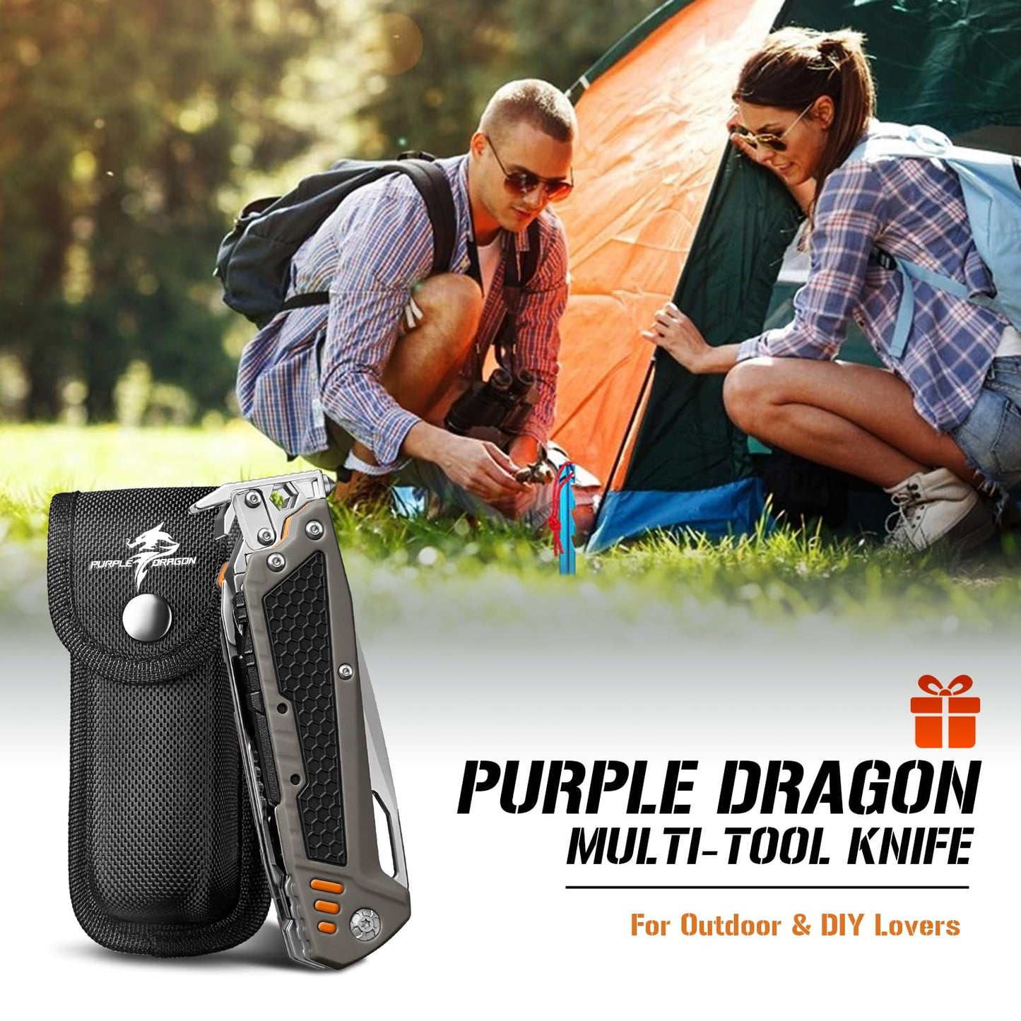 Purple Dragon Multitool,13-in-1 Pocket Knife with Sheath,Perfect for Camping, Hiking & Outdoor Use, Gift for Men Dad Husband– Grey