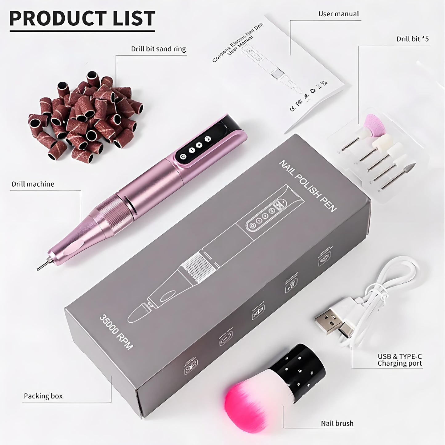 Cordless Nail Efile Drill Machine - Rechargeable Electric Nail File Kit for Acrylic/Gel/Dip Powder Nails, 6 Bits Portable Lightweight Design with Quiet Motor, Ideal for Home & Salon Manicure Pedicure