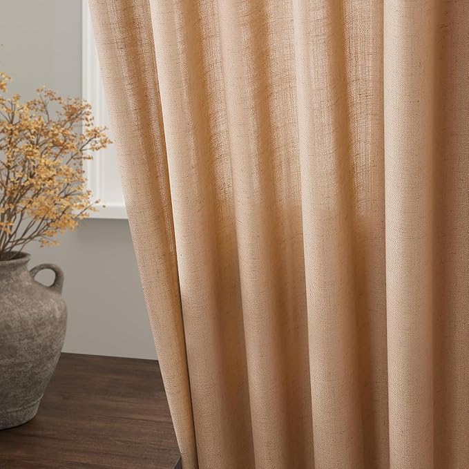 Nanspring Camel Linen Curtains for Living Room 95 Inches Long Back Tab and Rod Pocket Light Filtering Semi Sheer Vintage Rustic Curtain Luxury Boho Decor Drapes for Bedroom Office 52x95, 2 Panels