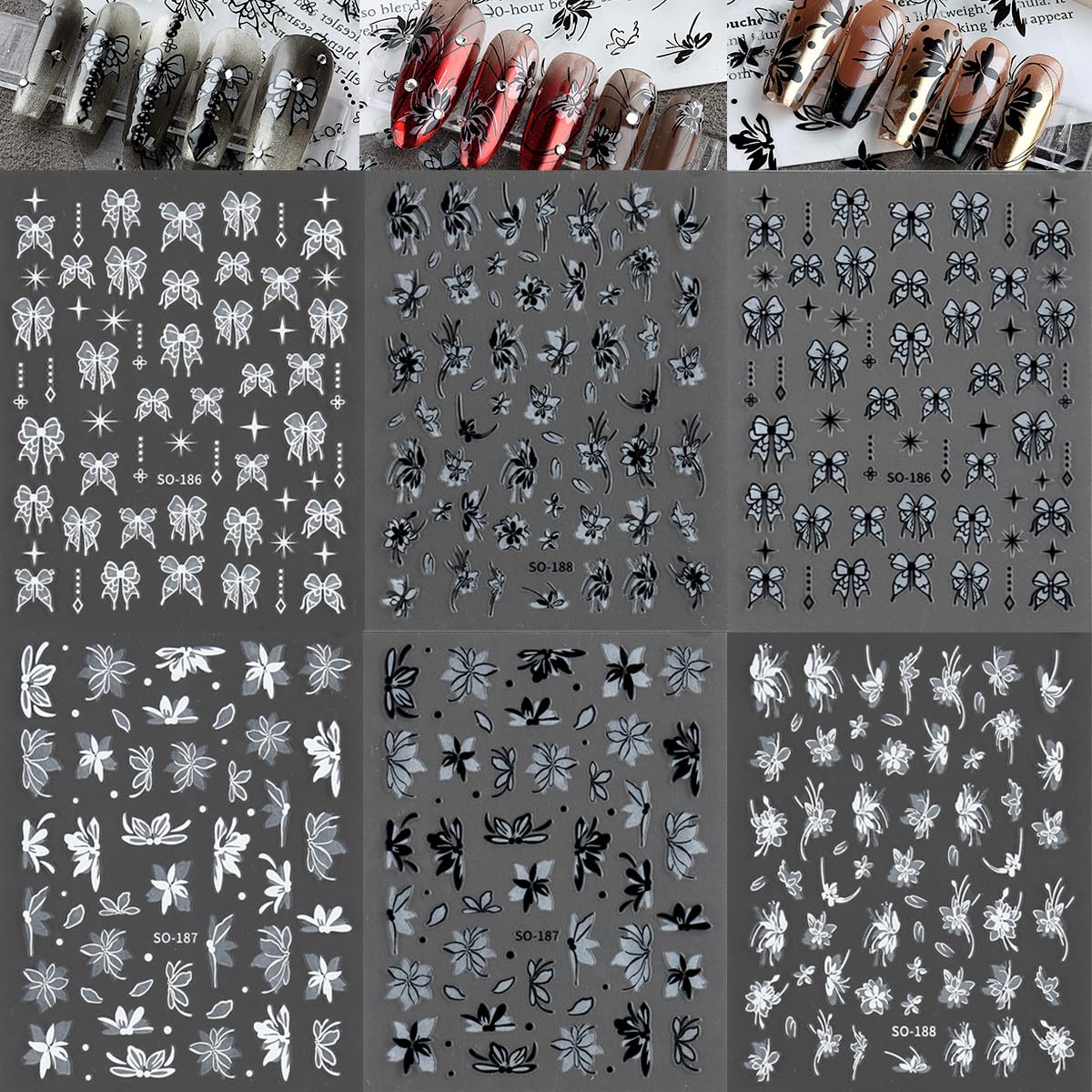 6 Sheets Flowers Nail Art Stickers Black White Bow Flower Decal Nail Decoration Nail Art Supplies 3D Self Adhesive Petal Nail Design Floral Flower Nail Decal Spring Summer Manicure Art Accessories