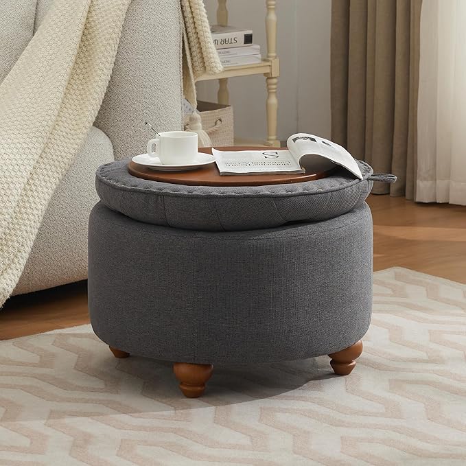 24Inch Round Storage Ottoman with Tray, Modern Tufted Fabric Circle Coffee Table with Storage, Upholstered Ottoman with Removable Top for Living Room, Bedroom, Dark Grey