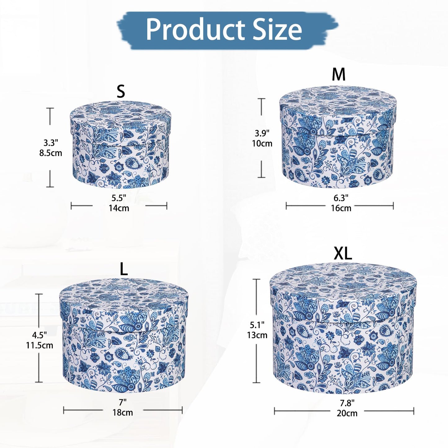 Briful Round Gift Boxes with Lids 4PCS Blue Flower Print Gift Box for Presents Nesting Assorted Sizes Present Boxes for Christmas Birthday Valentines Party Gift Wrap