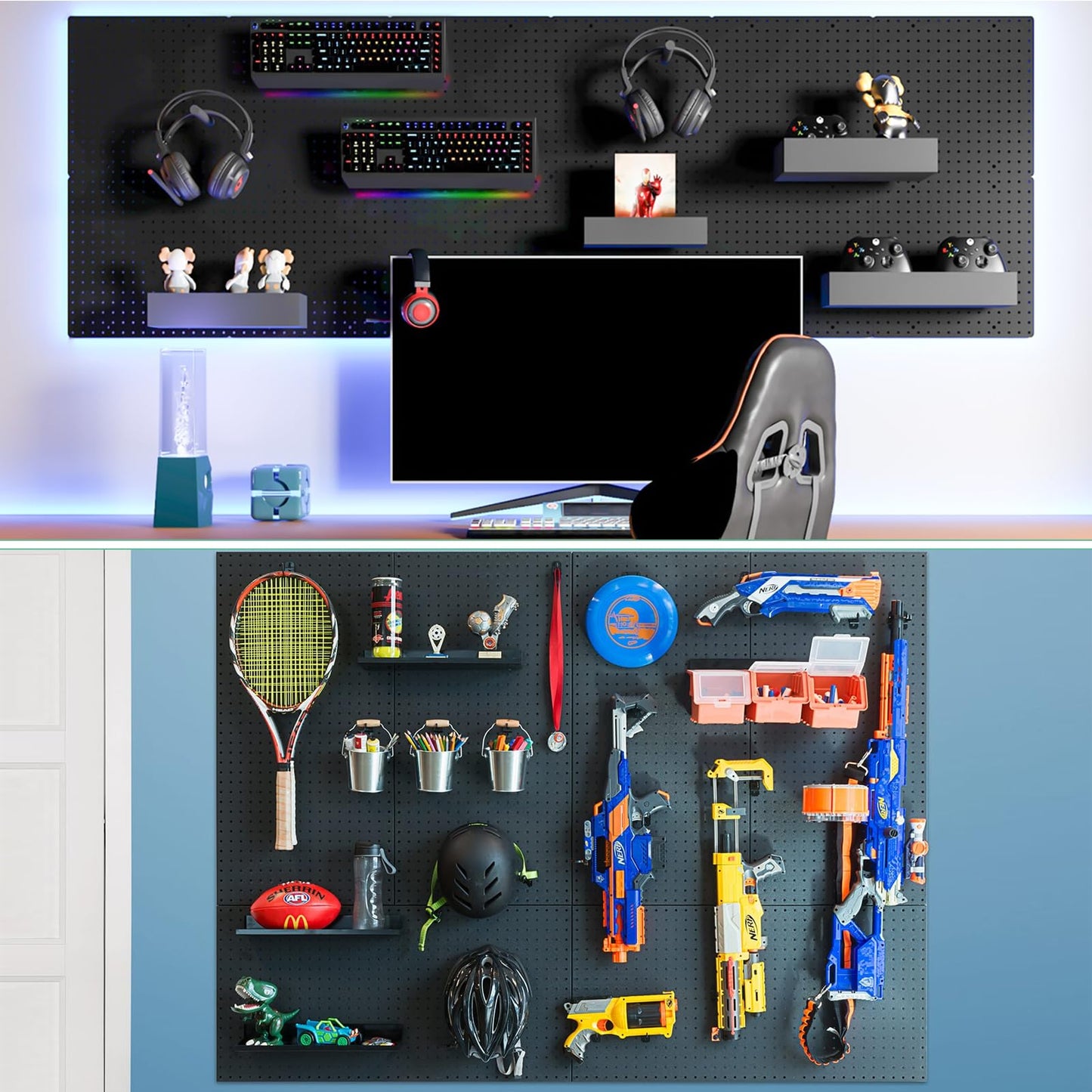 FZK Peg Board Wall Organizer Kit. Heavy Duty, 82PCS Metal Pegboard, Black, 36 * 24
