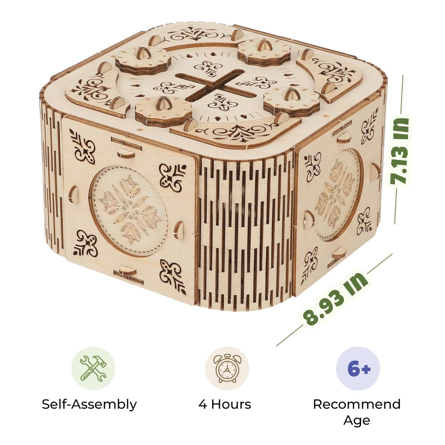 3D Wooden Puzzle Treasure Box Kit with Working Combination Lock and Secret Compartment, Laser-Cut Mechanical Model Craft, DIY Brain Teaser Gift for Adults, Teens and Kids Ages 6 and Up